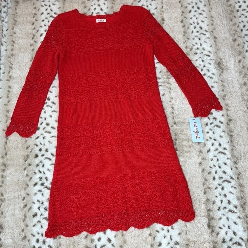Cat & Jack Red Crochet Knit Long Sleeve Sweater Dress Size XL 14/16 Girls